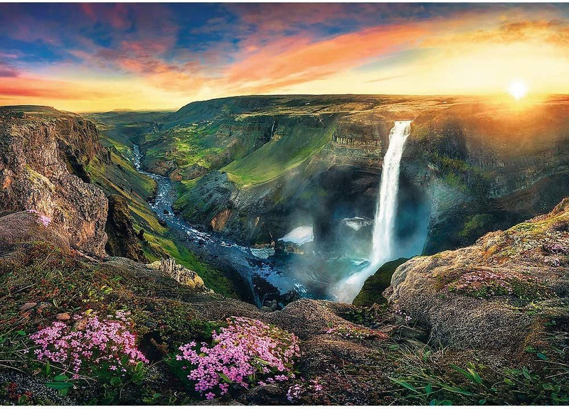 Háifoss Waterfall, Iceland, Idylic Sunset Land, 2000 piece puzzle by Trefl
