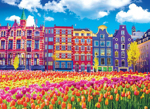 Traditional Old Buildings and Tulips in Amsterdam, Netherlands, 1000 pc Jigsaw Puzzle by Cra-z-Art
